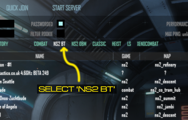 Select 'NS2 BT' from the mod bar to filter for Balance Test games